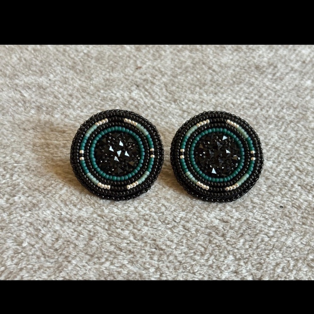 SOLD Beaded Circular Earrings in Black and Green
